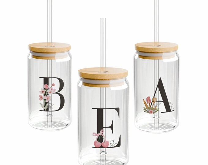 Personalized Monogram Glass Sipper Cup – Aesthetic Iced Coffee Cup With ...