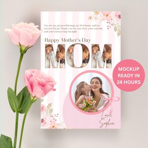 Tarjeta de collage de fotos personalizada para el Día de la Madre / Regalo de cumpleaños editable para mamá / Plantilla vertical A4 imprimible