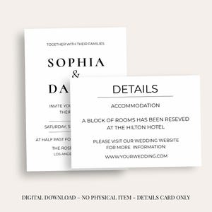 Tarjeta editorial moderna con detalles de boda (5 x 3,5 pulgadas), elegante inserto informativo para boda, descarga digital imagen 1