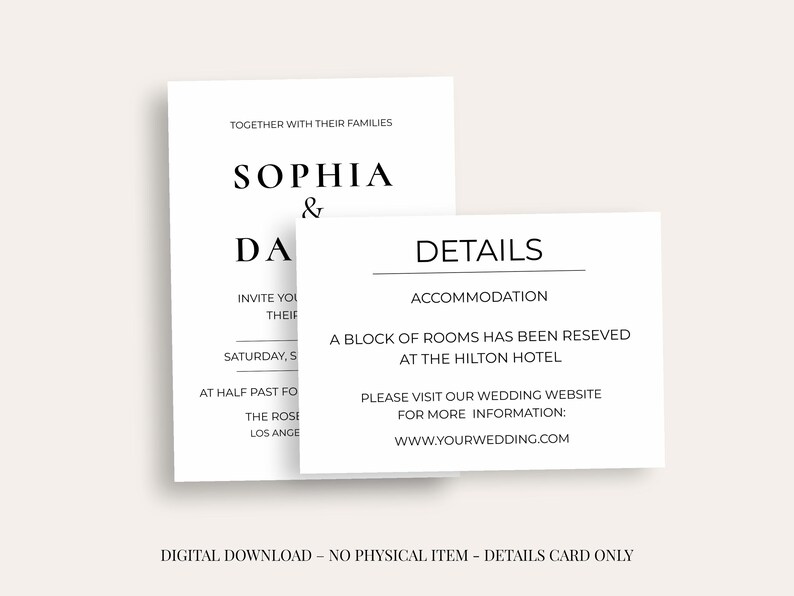 Tarjeta editorial moderna con detalles de boda (5 x 3,5 pulgadas), elegante inserto informativo para boda, descarga digital imagen 1