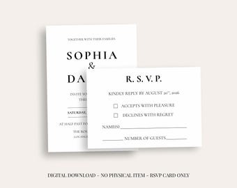Tarjeta RSVP de boda clásica minimalista de 5 x 3,5 pulgadas, elegante tarjeta de respuesta con serifa, descarga digital