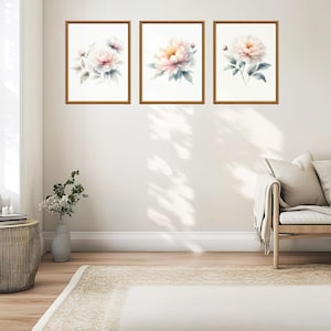 Set of 3 Pastel Peony Wall Art Prints, Floral Botanical Watercolor Art, Soft Neutral Flower Prints, Digital Download JPG A1-22x28