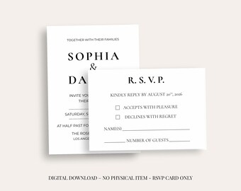 Tarjeta RSVP de boda editorial moderna de 5 x 3,5 pulgadas, elegante tarjeta de respuesta con serifa, descarga digital