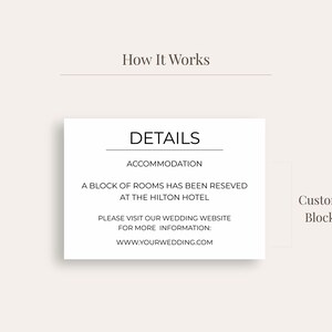 Puede incluir: Una tarjeta blanca rectangular con texto negro que detalla el alojamiento de la boda en el Hotel Hilton. La tarjeta tambi&eacute;n muestra una direcci&oacute;n de sitio web. Las palabras "How It Works" y "Custom Block" tambi&eacute;n son visibles.