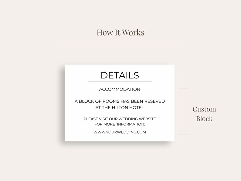 Puede incluir: Una tarjeta blanca rectangular con texto negro que detalla el alojamiento de la boda en el Hotel Hilton. La tarjeta tambi&eacute;n muestra una direcci&oacute;n de sitio web. Las palabras "How It Works" y "Custom Block" tambi&eacute;n son visibles.