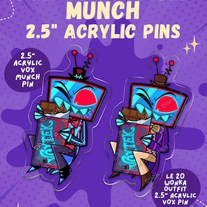 Puede incluir: Dos pines acrílicos de 6,35 cm con un personaje de dibujos animados sosteniendo una barra de chocolate. Los pines tienen un fondo morado con el texto "VOX CHOCOLATE MUNCH 2.5" ACRYLIC PINS". El personaje lleva un traje.
