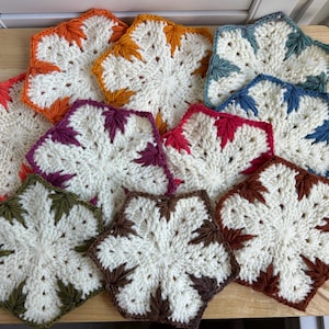 May include: A collection of handmade, crocheted trivets in various colors. Each trivet features a white center with a leaf design around the edges in shades of orange, red, purple, green, brown, and blue. The trivets are arranged on a wooden surface.
