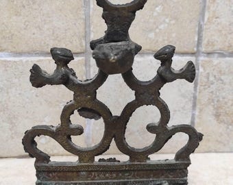 Antique Judaica moroccan Iraqi Hanukkah Menorah brass bronze hanging wall lamp (miz1)