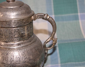 Antique Persian Iraq Middle East jug pitcher silver plated white metal pot (mar1)