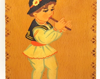Antique vintage original wood painting folk art child playing a flute Russia East Europe