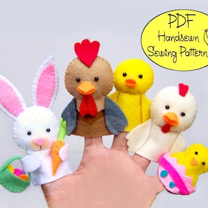 May include: A PDF pattern for hand-sewn finger puppets. The pattern includes a chick, a rooster, a hen, and a bunny. The puppets are all wearing Easter-themed accessories.
