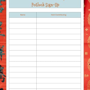 Puede incluir: Una hoja de inscripción para una fiesta de potluck de Año Nuevo Chino. El texto "Chinese New Year's Party Potluck Sign-Up" está en la parte superior en texto marrón sobre un fondo azul claro. La hoja tiene columnas para el nombre y el artículo que contribuye.