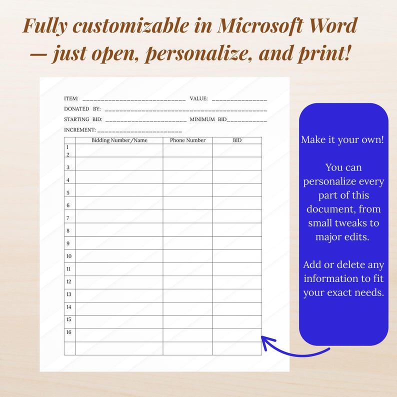 Editable Silent Auction Bid Sheet Template: Printable Fundraiser Form Editable Silent Auction Bid Sheet Template: Printable Fundraiser Form