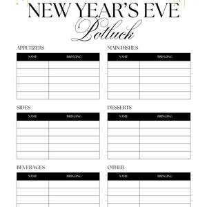 Puede incluir: Una hoja de inscripción blanca para una cena de Nochevieja, con fuegos artificiales dorados y texto. La hoja incluye secciones para aperitivos, platos principales, guarniciones, postres, bebidas y otros artículos, con espacios para nombres y lo que la gente trae.