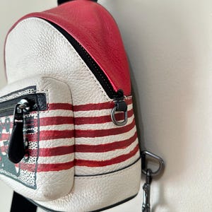 Puede incluir: Una mochila peque&ntilde;a con un panel superior rojo y cuerpo blanco con rayas rojas horizontales. El bolsillo frontal muestra un dise&ntilde;o gr&aacute;fico en blanco y negro con un tirador de cremallera negro. Incluye correas negras y herrajes de metal oscuro.