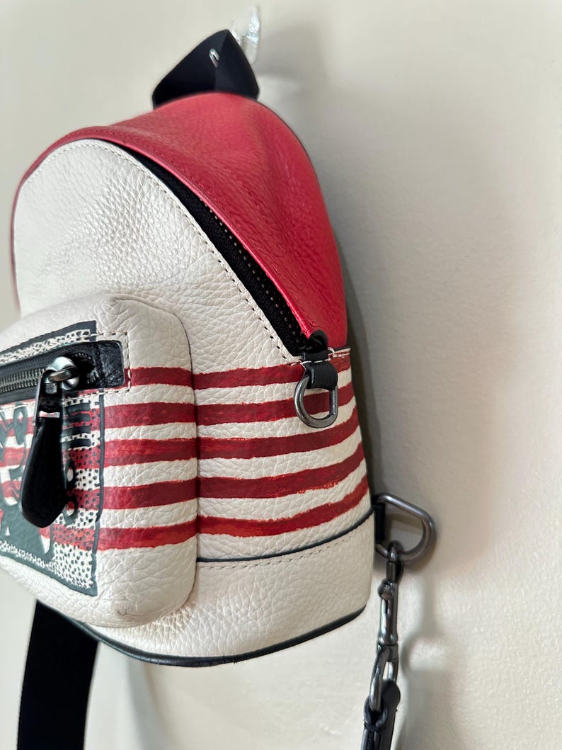 Puede incluir: Una mochila peque&ntilde;a con un panel superior rojo y cuerpo blanco con rayas rojas horizontales. El bolsillo frontal muestra un dise&ntilde;o gr&aacute;fico en blanco y negro con un tirador de cremallera negro. Incluye correas negras y herrajes de metal oscuro.