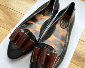 VIVIENNE WESTWOOD X Melissa: Black and Brown Animal Print Bow Flats