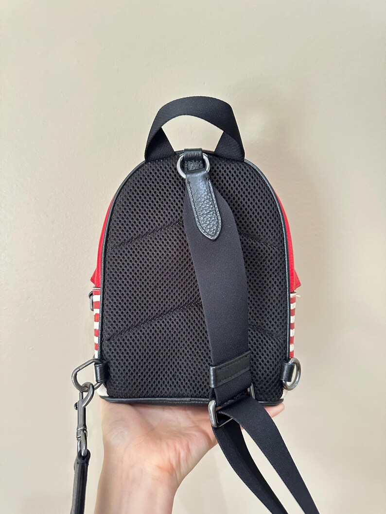 Puede incluir: Una mochila peque&ntilde;a con panel trasero de malla negra, asa superior y una sola correa de hombro negra ajustable. Los laterales de la bolsa muestran un patr&oacute;n de rayas rojas y blancas, e incluye anillas de sujeci&oacute;n de metal.