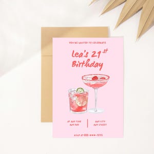 Pink 21st Birthday Invitation | Martini Glass Theme | Editable Digital Invite | Instant Download | Retro Printable PDF
