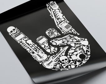 Póster de Rock On Hand / Póster de Metal Hand / Equipo musical / Póster musical / Música punk rock / Póster en blanco y negro / Rock On Hands /