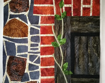 Art quilt, wall hanging, wall art, textile art- Bricks and Stones and Wooden Doors