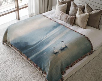 Romantic Swan Couple Blanket - Winter Coastal Throw with Swans on Icy Lake, Neutral Winter Decor, Soft Blue Tones Woven Blanket Tapestry
