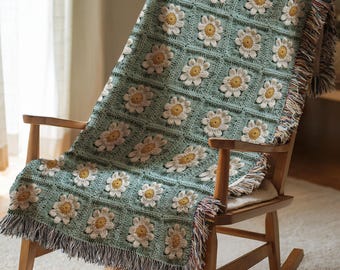 Granny Square Daisy Woven Blanket Crochet Inspired Throw Blanket Colorful Fringed Edges Cotton Cottagecore Decor Mothers Day Gift