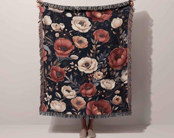 Woven Blanket Vintage Floral Cozy Boho Home Decor Autumn Botanical Tapestry Throw Dark Aesthetic Rustic Cottagecore Gift for Her