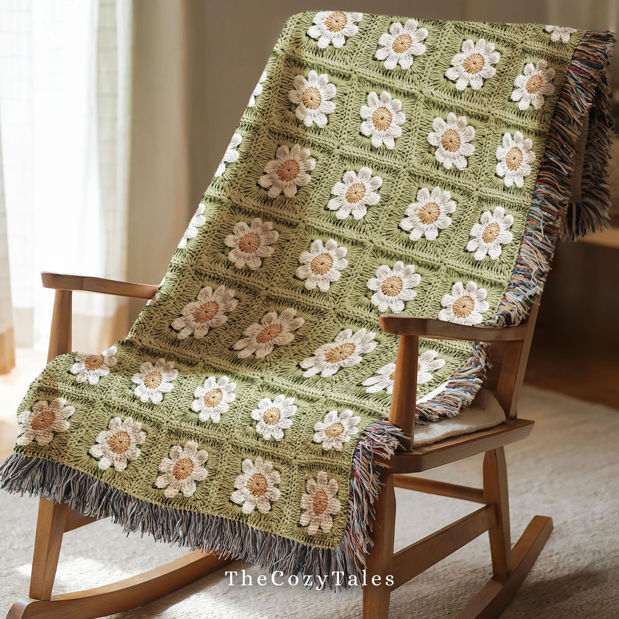 Green Daisy Granny Square Blanket Daisy Crochet Woven Blanket Crochet Inspired Throw Spring Colorful Fringed Edges Cotton Baby Blanket Mom