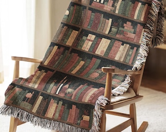 Cozy Library Woven Blanket Rustic Bookish Throw Dark Academia Winter Decor 100% Cotton Woven Blanket Holiday Home Bookover Gift