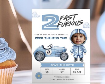 Two Fast Birthday Invitation, Race Car Theme (Editable Digital File)