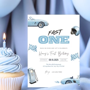 Editable Fast One Birthday Invitation Racing Car 1st Birthday Invite Racing Car Retro Vintage Racecar Invite 1st Birthday Instant Download