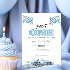 Fast One Birthday Invitation, 1st Birthday Invitation, Racing Car Vintage Racecar Invite Printable Template Digital Download