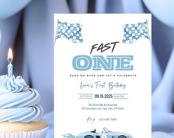 Vintage Race Car 1st Birthday Invitation, Fast One Invite (Digital Download)