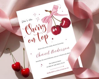 Cherry Baby Shower Invitation, Pink Bow Coquette Theme (Digital Invite)