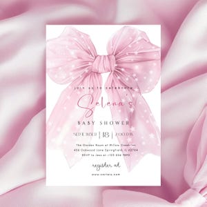 Blush Pink Ribbon Baby Shower Invitation Pink Bow Girl Baby Shower Canva Template Pink Coquette Baby Shower Invitation Digital Download