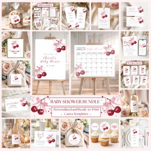 Cherry on Top Baby Shower Bundle Cherry Baby Shower Bundle Coquette Pink Bow Zeichen und Dekor Mädchen Babyparty, bearbeitbare Vorlagen, druckbar