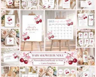 Cherry on Top Baby Shower Bundle Cherry Baby Shower Bundle Coquette Pink Bow Signs and Decor Girl Baby Shower, Editable Templates, Printable