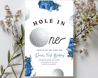 Editable Hole In One Birthday Invitation, Blue Golf Theme (PDF Template)