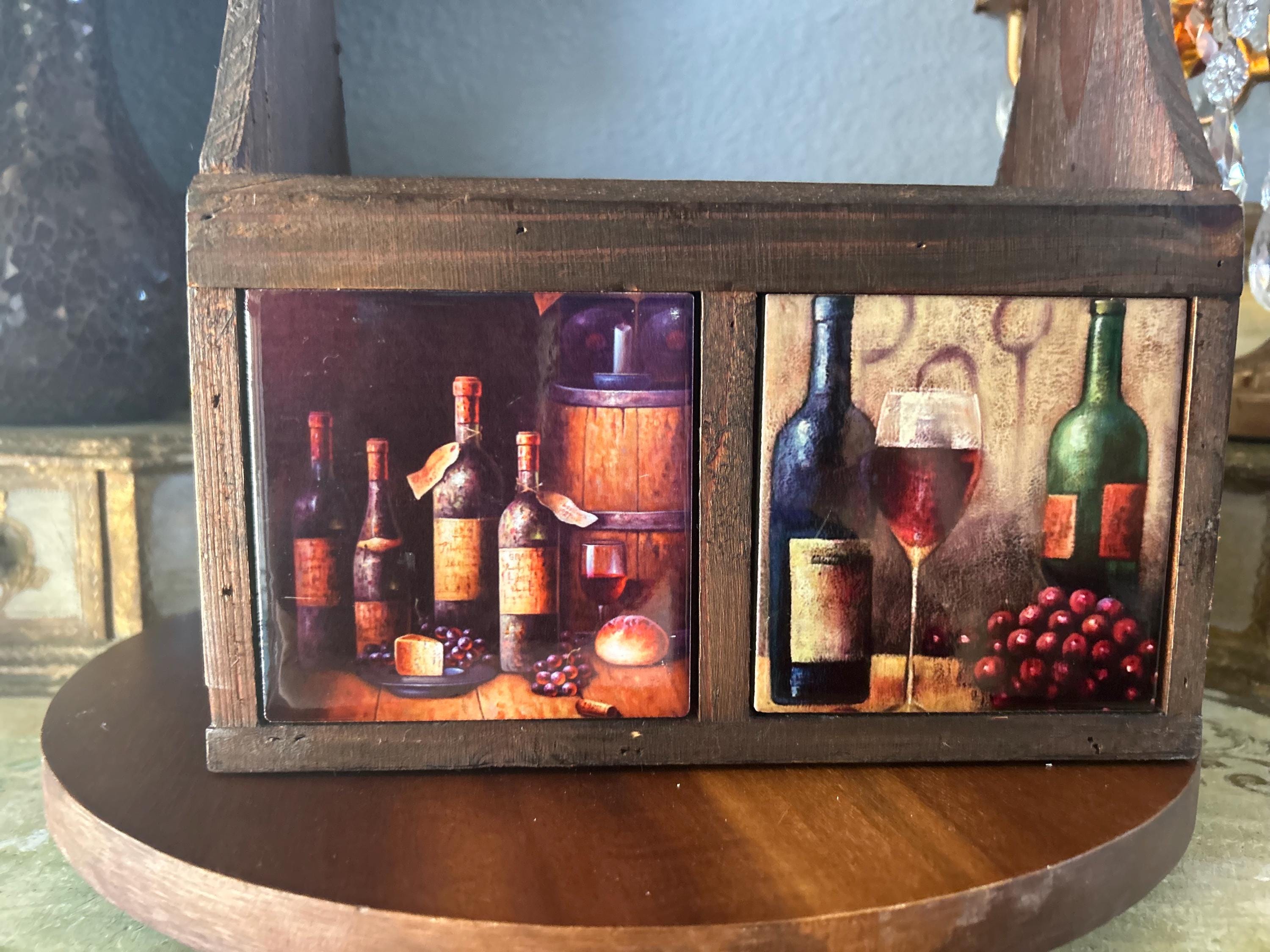 ヴィンテージのハンドメイドダークウッドワインキャディ、ワインボトル