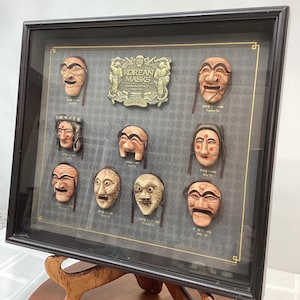 Vintage Korean Hahoe Byulshinkut  mask, folk art, frame on shadow box. 15x14x1.5 inches. Masks are 2.25x2 inches. See description.