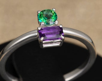 Toi et Moi Ring, Mystic Topaz Ring, Two Stone Ring, Amethyst & Rainforest Topaz Ring, Silver Birthstone Ring,  Girlfriend Gift, Promise Ring