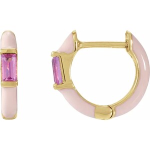 14k gold Pink Tourmaline Hoop Earrings, Enamel Earrings, Gemstone Hoop Earrings,  Birthstone Earrings