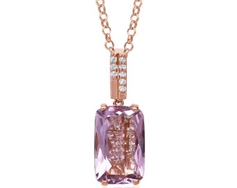 May include: A rose gold necklace with a large, rectangular, light purple amethyst gemstone pendant. The pendant is accented with small, clear diamonds on the bail.