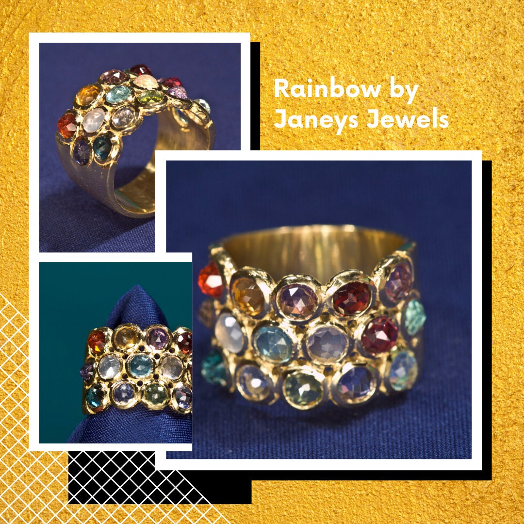 Gemstone Rainbow Ring Chunky Gold Ring Statement Ring Boho Etsy