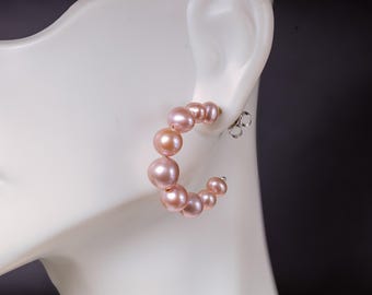 Pink Freshwater Pearl Hoop Earrings, Sterling Silver