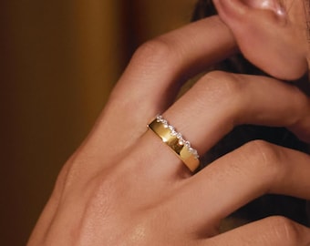 Asymmetrical 1/3 Carat Diamond Band, 14k Gold Pave Ring