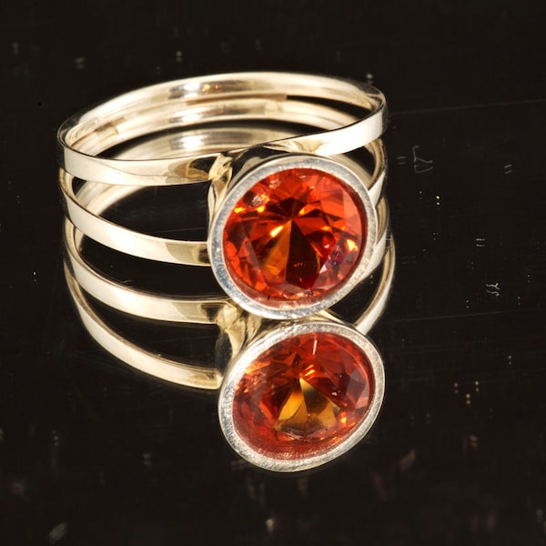 Bague de fiançailles en saphir orange Padparadscha, bague en argentium, bague à tige fendue, bague large, pierre de naissance de septembre, cadeau de petite amie