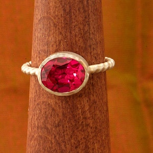 Ruby Argentium Silver Stacking Ring. Oval Ring Setting, July Birthstone Ring, Meaningful Jewelry, Bezel Setting, Braided Shank, Lab Ruby