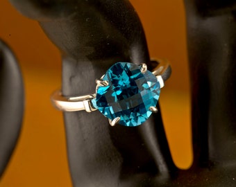 Swiss Blue Topaz Engagement Ring, Sterling Silver Fleur de Lis, December Birthstone